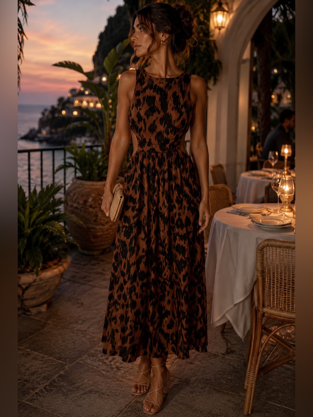Miou Muse Black Brown Leopard Print Midi Dress M | Cutout Side Sleeveless Dress